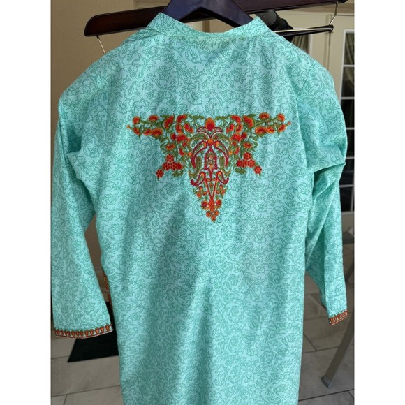 Embroidered And Printed Kurta Shirt W Pockets - Cotton - Light Blue -Size XS 8 - Picture 4 of 4